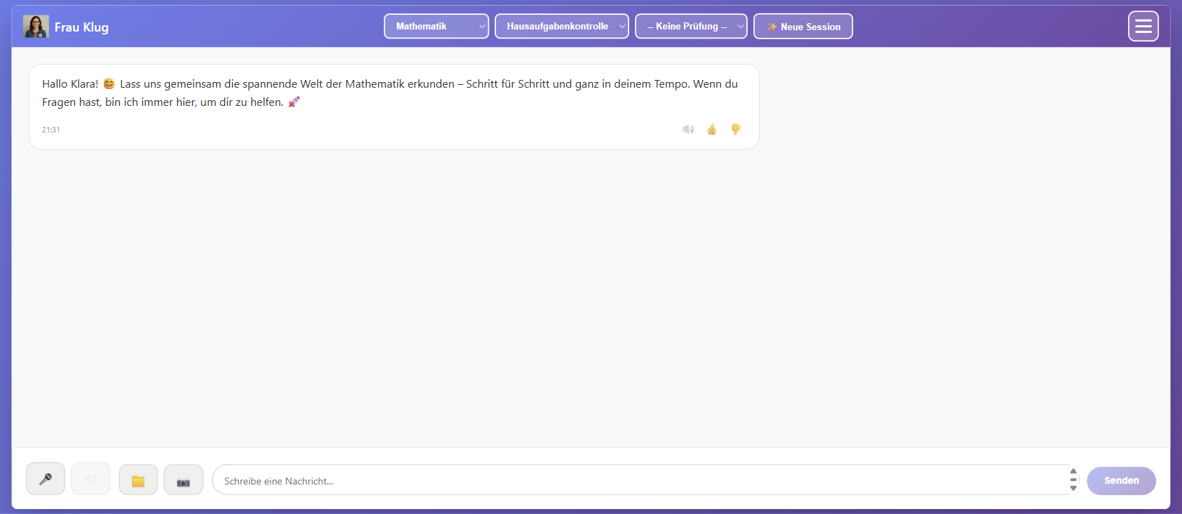 Chat-Steuerleiste mit Fach, Modus-Auswahl Abfragen und Neue-Session-Button